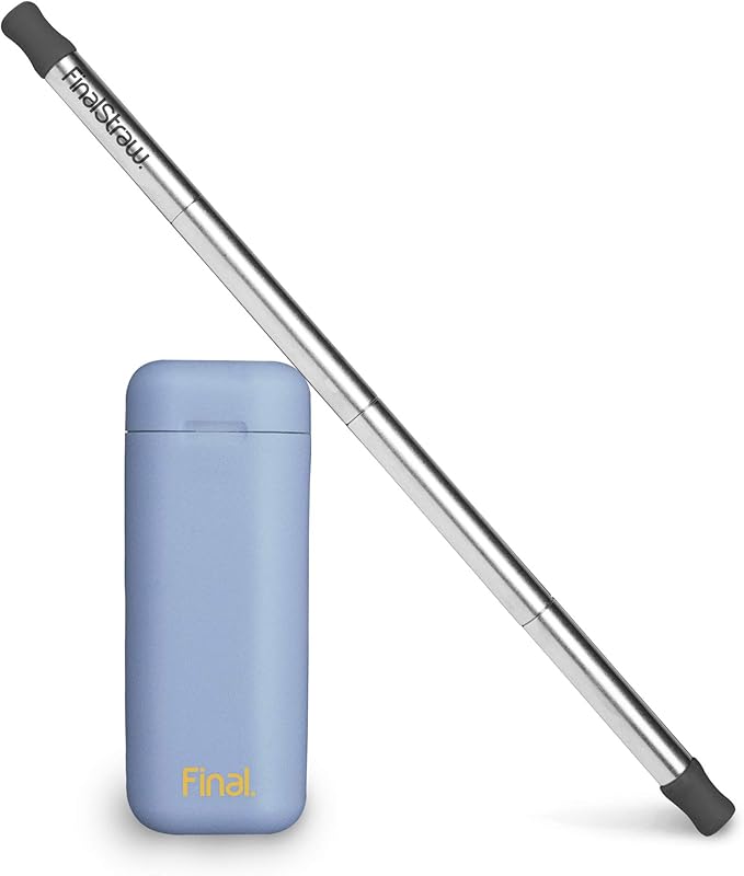 FinalStraw Collapsible, Reusable, Metal Straw | Travel Case, Cleaning Tool | Easy to Clean | Stainless Steel and 100% Silicon Tips | Eco-Friendly | Arctic-Melt Blue Case, Silver Stainless Steel