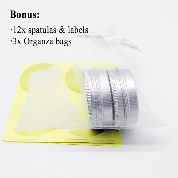 12pcs 1oz 30ml Aluminum Tin Jar, 30g Refillable Makeup Container, 30 Gram Silver Screw Lid Round Can Sample Pot for Cosmetic DIY, Lip Balm, Cream, Salve, Toner, Candle, Free Spatulas +Lables