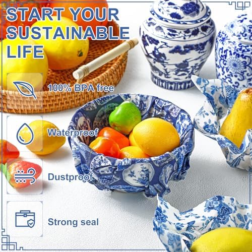 Tigeen 9 Pcs Reusable Beeswax Wrap for Food, Blue Chinoiserie Beeswax Paper - Image 4