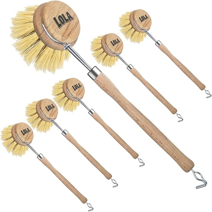 LOLA, The Original- Pot & Pan Brush, 6 Pack, Heavy Duty Brass Wire & Tampico Bristles, Handle Made from Sustainable Birch Wood for Cleaning