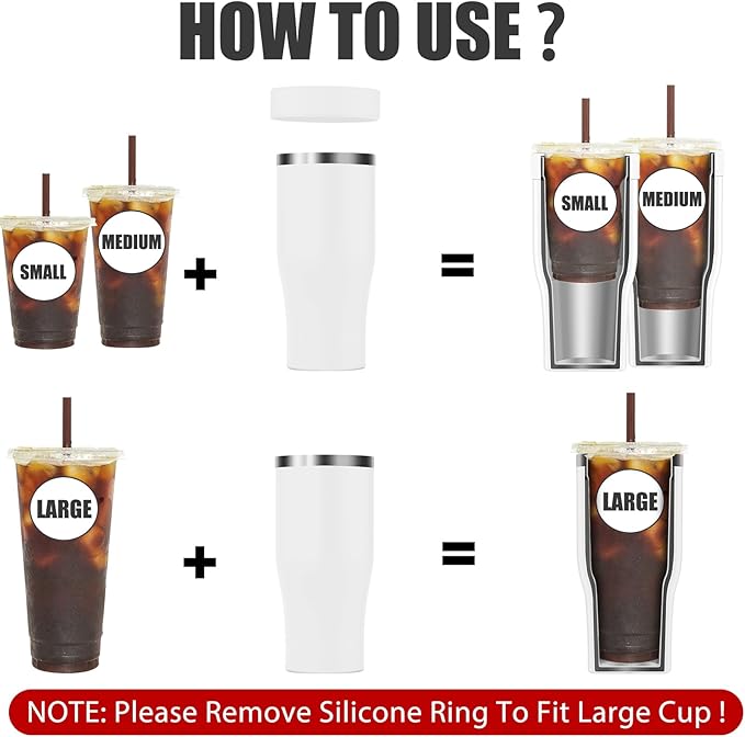 Universal Iced Coffee Sleeve with Handle - Insulated Double Wall Reusable Stainless Steel Holder Insulator for Cold Drinks Fits Small Medium Large To Go Cups Gifts for Men Women Him Her (White)