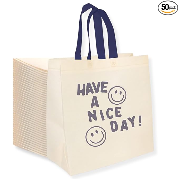 Bagways 50 PACK Reusable Grocery Bags with Handles, Durable, Foldable, Washable Eco-Friendly Shopping Tote Bags Bulk, 14x6.5x14 Inch, Cream/Blue Design