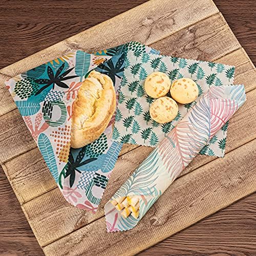Akeeko Reusable Beeswax Food Wraps - Assorted 9 Packs, Reusable, Plastic-Free Food Storage, 5 Small, 2 Medium, 1 Large Wraps, 1 Extra Large with Tropical Leave Pattern - Image 4