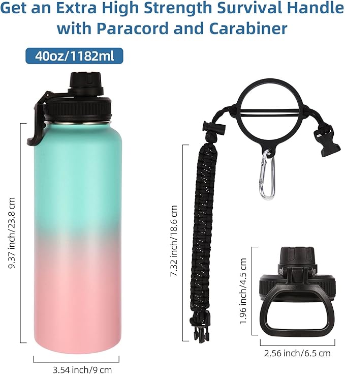 Volhoply Insulated Water Bottles Bulk 2 Pack, 40 oz Stainless Steel Sports Bottle with Paracord Handle & Spout Lid,Double Walled Vacuum Travel Water Cups with Wide Mouth Hiking(Green Pink,2 Set)