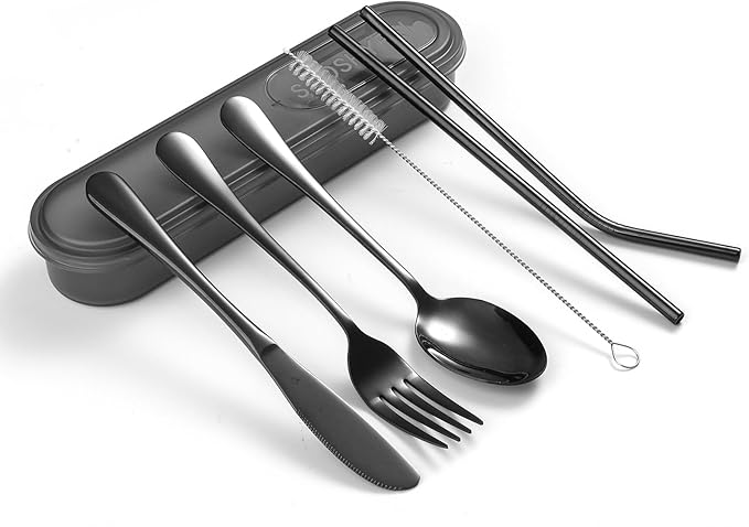 Portable Utensils Set with Case, 4pcs Stainless Steel Reusable Silverware for Lunch Camping School Picnic Workplace, Lunch Box Includ Fork Spoon Knife,Easy to clean,Dishwasher Safe (grey)