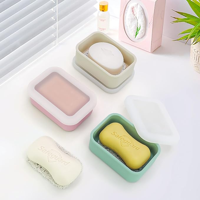 Leak Proof Silicone Travel Soap Case, Compact Portable Soap Holder with a Translucent lid That Lets You See The soap Inside, Bar Soap Container for Traveling, Camping, Gym (Clear&Green)