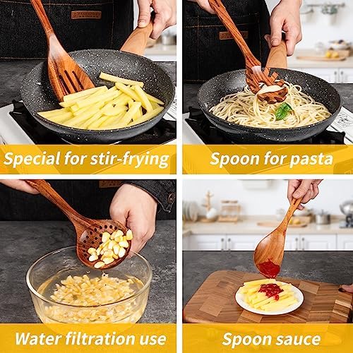 GUDAMAYE 11 PCE Wooden Spoons for Cooking, Wooden Kitchen Utensils Set,Wooden Cooking Utensils,Natural Teak Wooden Spoons For Non-stick Pan - Image 4