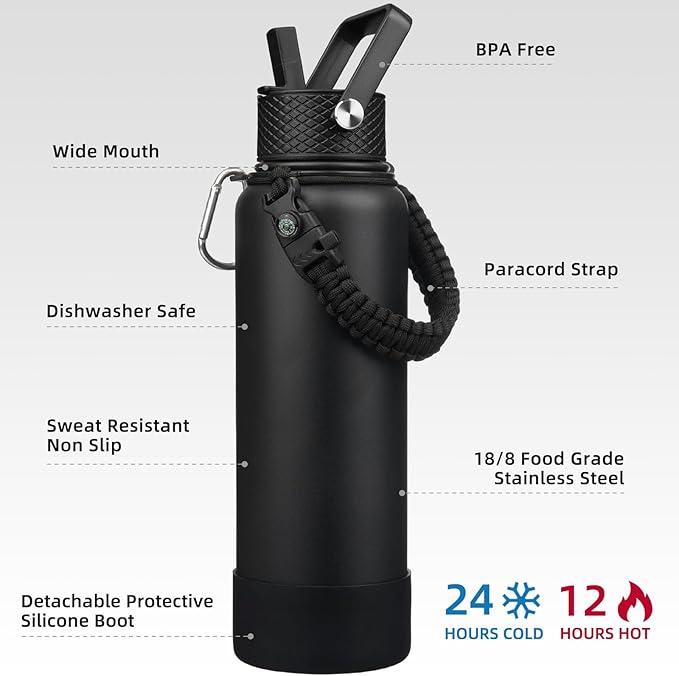 BJPKPK Insulated Water Bottle with Straw Lid, 40oz Large Thermal Flasks with 3 Lids, Paracord Handle & Non-slip Boot, BPA Free Leak Proof Stainless Steel Metal Water Bottles, Tumblers, Cups,Black