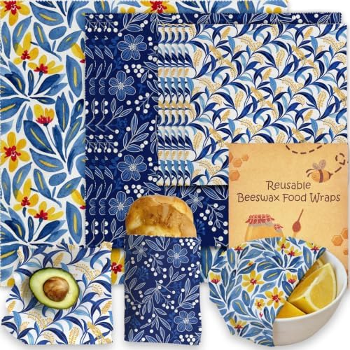 Reusable Beeswax Wrap, Blue Botanical & Floral Wraps, 9 Pack Eco-Friendly Food Storage for Sandwich, Bread & Bowl, Organic Cotton, Sustainable, Zero Waste, Plastic-Free, 1XL, 3M, 5S by Unknown
