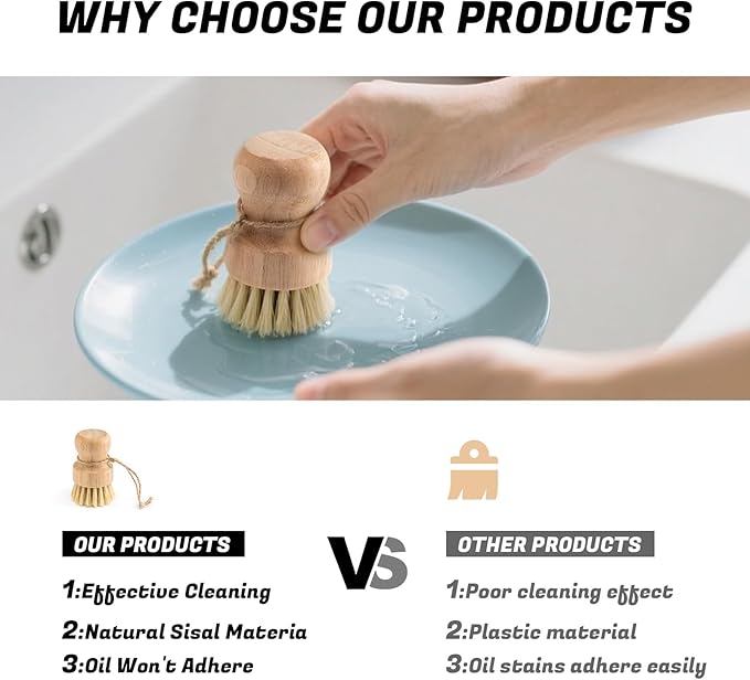 Bamboo Dish Brush 1-Pack - Natural Wood Dish Scrub Brush with Sisal Bristles for Cleaning Pots Pans and Sink - Eco-Friendly Kitchen Scrubber