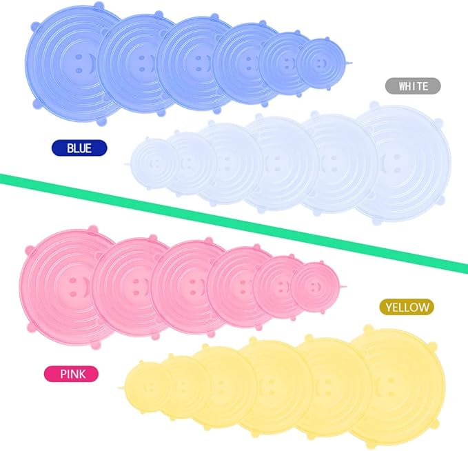 12 pcs Silicone Stretch lids set, 6 Sizes, Reusable Food Storage Covers ，Silicone Bowl Covers，Flexible to Fit All Shape of Containers， Food Cover to Keep Food Fresh (blue,white)
