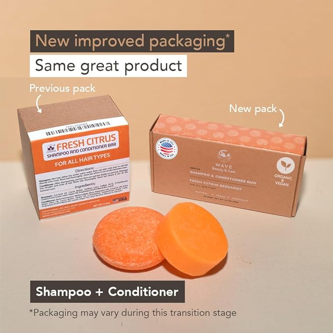 Wave Shampoo Bar & Conditioner Bar Set Fresh Citrus Vegan Sulfate Free USA Handmade Moisturizing Solid Bars for All Hair Types Good for Travel Long Lasting 120 Uses Citrus Shampoo and Conditioner Bar