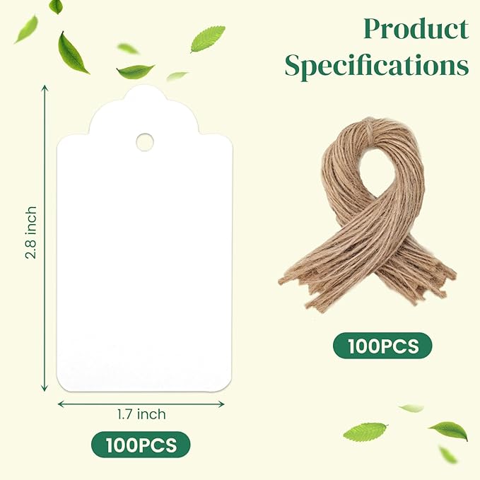 SallyFashion 100pcs Gift Tags with String Attached, 1.7 x 2.8 inch Kraft Paper Hang Tags for Clothes DIY Crafts Wedding Holiday (White)