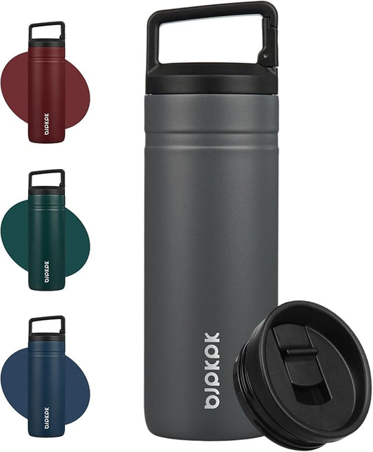 BJPKPK Insulated Water Bottle with 2 Lids,20 oz Double Wall Stainless Steel Vacuum Tumbler Travel Coffee Mug,Wide Mouth Thermal Cup,Grey