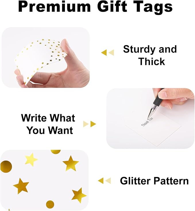 jijAcraft Gift Tags with String, 100Pcs Gold Foil Star Blank Gift Wrapping Labels, 3.3x2.1 Inch White Paper Name Tags for Wedding, Birthday, Baby Shower