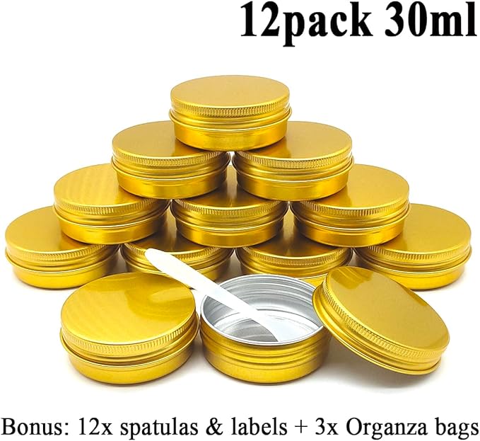12pcs 1oz 30ml Aluminum Tin Jar, 30g Refillable Makeup Container, 30 Gram Gold Screw Lid Round Can Sample Pot for Cosmetic DIY, Handmade, Lip Balm, Cream, Salve, Toner, Candle, Paint, Scrub