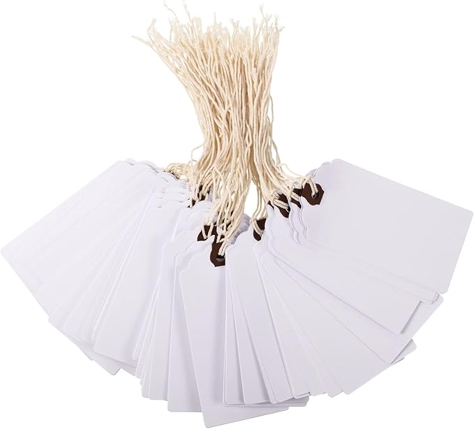 Outus 60 Pcs 4 3/4-in x 2 3/8-in Blank Large Paper Gift Tags with String and Reinforced Eyelet Wire Writable Price Tags Shipping Labels Inventory Labels(White)