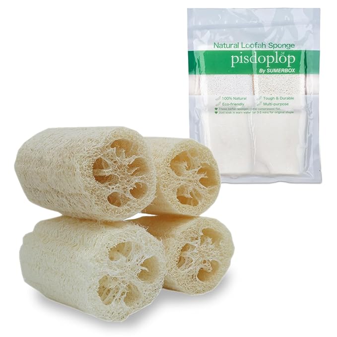 4" Natural Loofah Exfoliating Body Sponge Scrubber, Plant-Based Organic Loofa Luffa for Men & Women Skin Care Bath Shower Cleaning Back & Fac, Natural Sponges for Dishes, Pack of 4