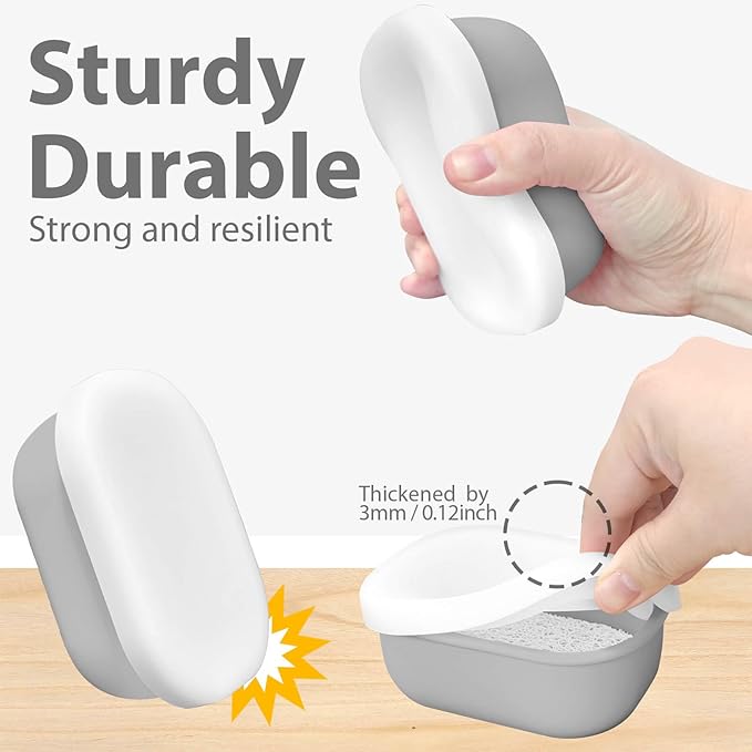 Leakproof Silicone Travel Soap Case with Drainage Layer, Silicone Bar Soap Holder Compact Portable Shatterproof Soap Container Box for Bathroom Gym Camp Travel Toiletries (Gray, Clear Lid)