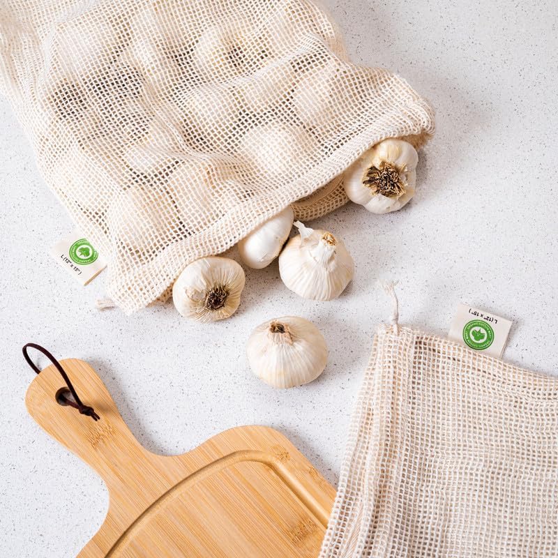 Reusable Garlic Storage Bags - Organic Cotton Garlic Mesh Bags with Drawstring - Washable Garlic Holder Storage - Net Garlic Keeper Sacks - Onion Potato Storage Bags - Root Vegetable Sacks (3 Large) - Image 2