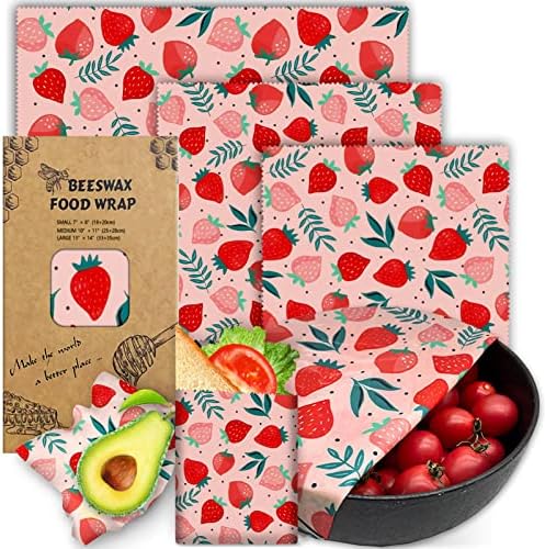 Beeswax Wrap, 3 Pack Reusable Food Wrap Beeswax Wraps for Food Storage Organic Beeswax Food Wraps Beeswax Paper Wax Wraps Wax Covers Beeswax Lunch Wrap Sandwich Wrappers 1L, 1M, 1S Strawberry Pattern by PICcircuit