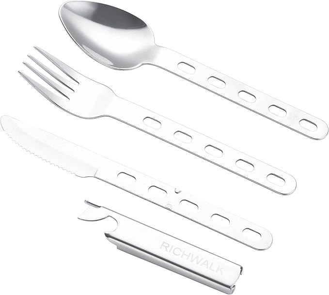 4-in-1 Camping Spoon Fork Knife Combos Set of 4 - Portable Stainless Steel Flatware Spoon Fork kit - fork Knife & Bottle Opener Combo Pack for Picnic Hiking Travel