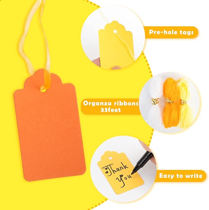 SallyFashion 100PCS Gift Tags, Yellow Paper Tags Hanging Label with Organza Ribbons for Gift Wrapping Fall Thanksgiving DIY Crafts Decoration