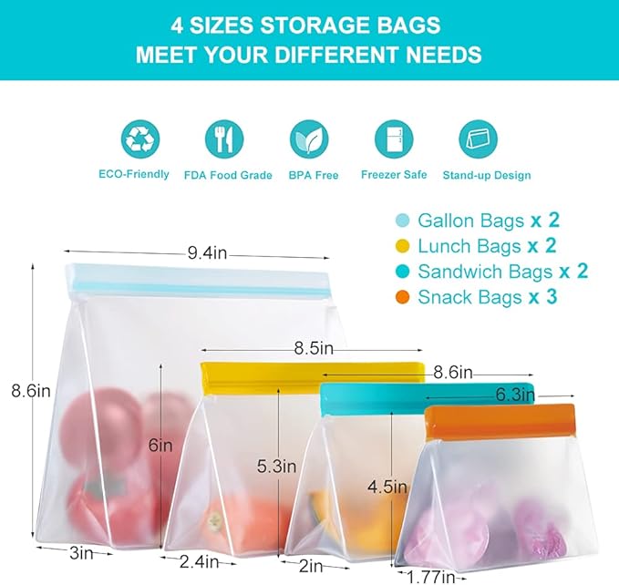 Reusable Food Storage Bags Stand Up, 9 Pack Leakproof Freezer Bags, BPA Free Gallon Bags, Reusable Plastic Snack Bags, Lunch Sandwich Bags for Home & Travel