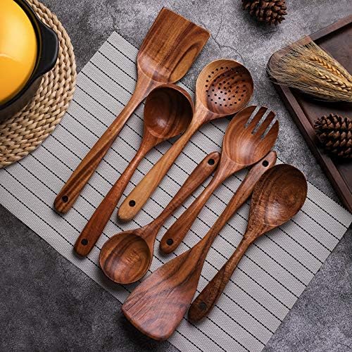 Wooden Non-Stick Kitchen Pan Toolset 7 Pieces Set, Natural Kitchen Utensils Spatula, Wooden Cooking Utensils Spoons, Fried Spatula and Salad Fork - Image 3