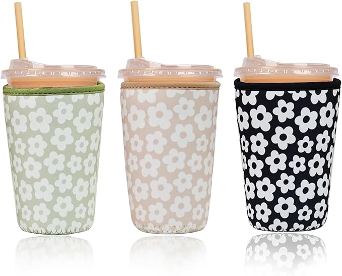 3 Pieces Reusable Insulated Neoprene Iced Coffee Cup Sleeve, Durable Drink Sleeve for Cold Beverages, Beverage Holder for Iced Coffee, 22-24 oz Medium (Floral Trio)