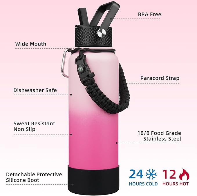 BJPKPK Insulated Water Bottle with Straw Lid, 40oz Large Thermal Flasks with 3 Lids, Paracord Handle & Non-slip Boot, BPA Free Leak Proof Stainless Steel Metal Water Bottles, Tumblers, Cups,Cherry
