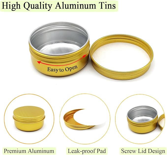 10pack 50ml Aluminum Tin, 50 Gram Gold Container Leak Proof Cosmetic Jars, 50g Small Makeup Containers Round Screw Lids for Cosmetic, Salves, Lip Balms, Toner, Cream, Candle, Tea, Beads, Wax