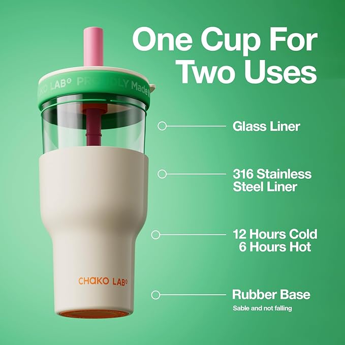 CHAKO LAB Insulated Stainless Steel Water Bottle | Dual-layer tumbler with Glass Linner and Stainsteel Linner | BPA-Free Leak Proof Thermos | 20oz Bottle with Two Straw | White and Green