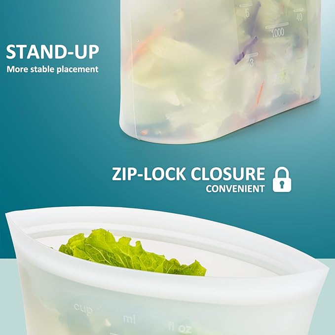 Large Reusable Silicone Food Storage Bags 4 Pack, 0.44 Gallon/2000ml, 100% Silicone Stand-Up Wide-Open Zip-Lock Reusable Bags for Large Items, Microwave Freezer Oven Dishwasher Safe, Translucent