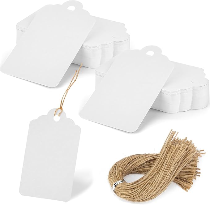 SallyFashion 120pcs Gift Tags with String Attached, 1.6 x 2.8 inch White Paper Tags Hanging for Clothes DIY Crafts Wedding Holiday