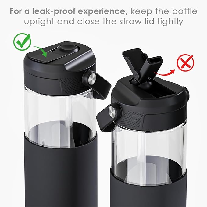 Glass Water Bottle with Silicone Sleeve and Straw Lid 20oz for Girls Women, Glass Drinking Bottles for Travel Home Gym Sports (Velvet Black)