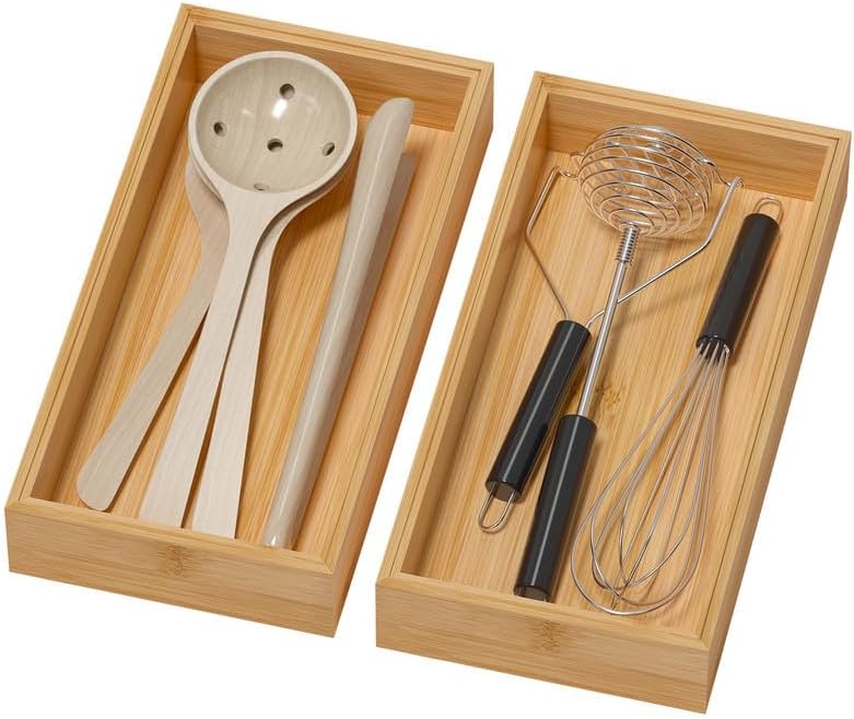 Lixple Bamboo Drawer Organizer - Silverware & Utensil Organizer, Stackable, 2 Pcs, Wooden Storage Box Tray (Bamboo, 12 X 6 X 2 Inch) by Lixple