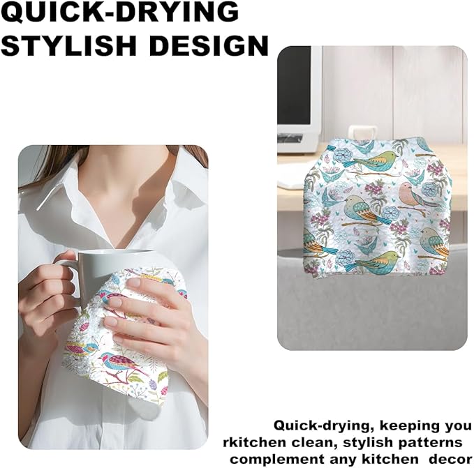 Jztco 2 Pcs Vintage Bird Kitchen Towels 24x14 Inch, Spring Flower Seamless Pattern Hand Towels for Kitchen Bathroom Decor, Absorbent Microfiber Dish Cloth Tea Towel, Home Gifts for Women