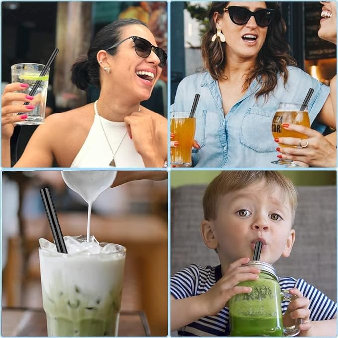 Vinaco Reusable Wide Mouth Straws - 8.5" & 10.5" Stainless Steel, Set of 4 with CleanerBrush, Black Metal Straws forThicker Drinks