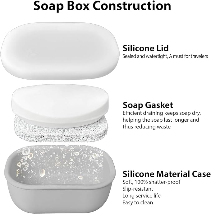 Leakproof Silicone Travel Soap Case with Drainage Layer, Silicone Bar Soap Holder Compact Portable Shatterproof Soap Container Box for Bathroom Gym Camp Travel Toiletries (Gray, Clear Lid)