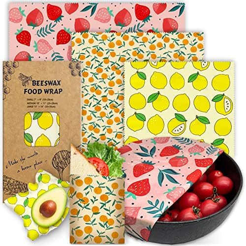 Beeswax Wrap - 3 Pack, Beeswax Wraps For Food, Organic, Sustainable, Biodegradable, Zero Waste, Reusable Beeswax Food Wrap, 1L Strawberry, 1M Orange, 1S Lemon Patterns by PICcircuit