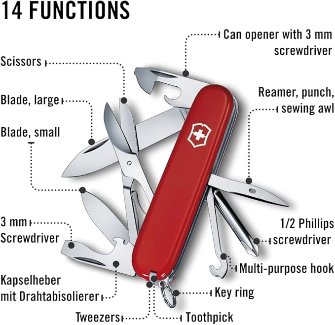 Victorinox Super Tinker Swiss Army Knife, 14 Function Swiss Made Pocket Knife with Large Blade, 2 Screwdrivers and Multipurpose Hook - Red