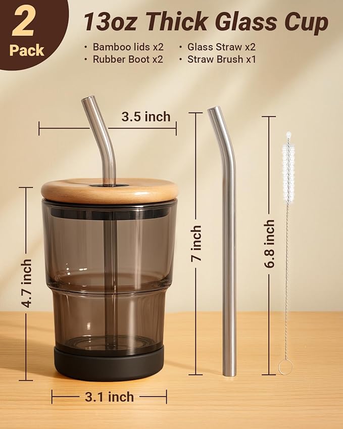Zukro 13 oz Glass Iced Coffee Cups with Bamboo Lid and Straw for Office/Home/Work, Zero Plastic, Thick Wall Glass Water Tumbler With Silicone Bottom, Matcha Glasses, ECO Friendly, Gray 2 Pack