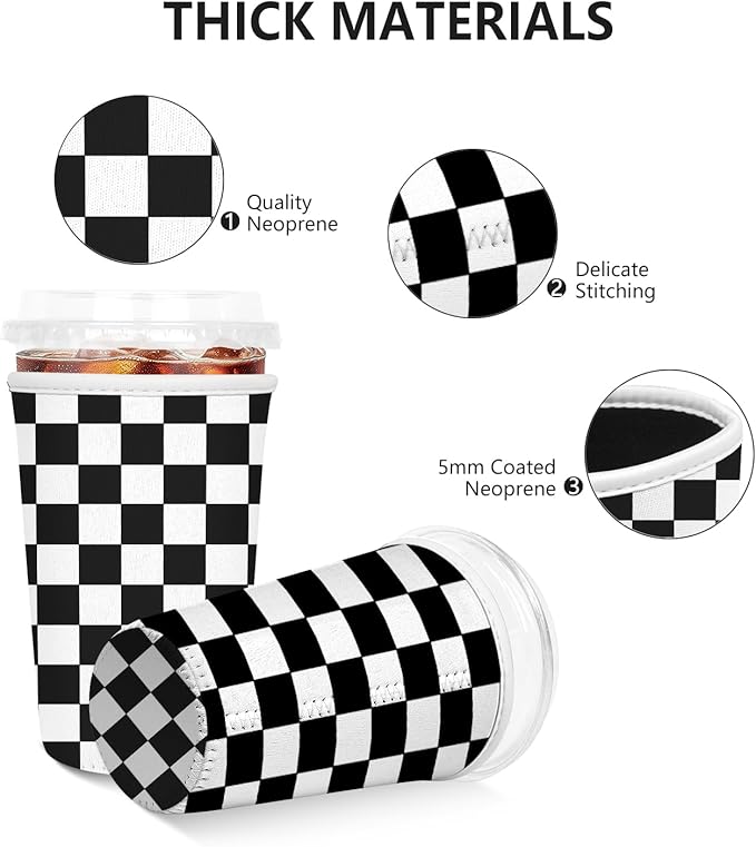 Iced Coffee Sleeve, Reusable Insulated Neoprene Cup Sleeve for Cold & Hot Drinks Beverages, Cup Holder for 32oz Coffee Cups, Black Plaid