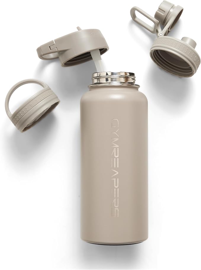 Gymreapers Insulated Water Bottle - Stainless Steel 32 Oz, 3 lids (Straw, Chug, Canteen), Double Walled Vacuum Insulation, Thermo Mug Cold Hot - Durable Powder Coated Finish