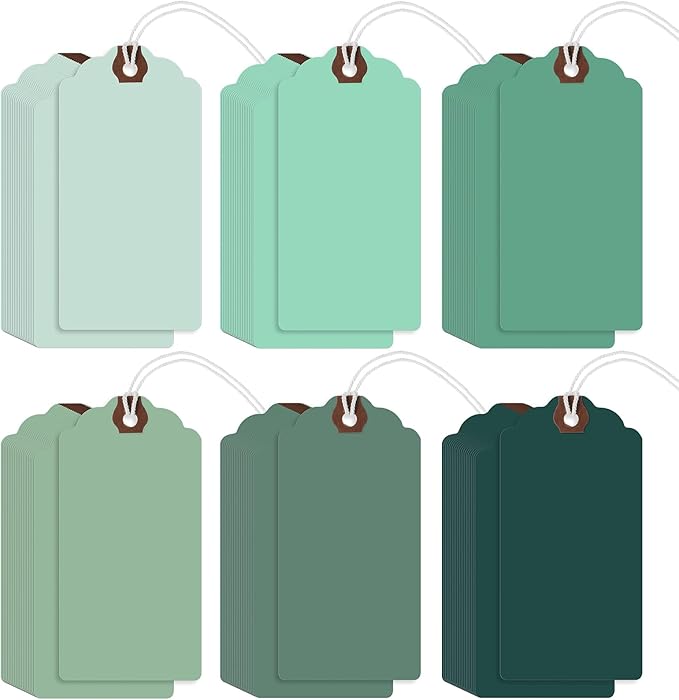 Outus 60 Pcs 4 3/4-in x 2 3/8-in Blank Large Paper Gift Tags with String and Reinforced Eyelet Wire Writable Price Tags Shipping Labels Inventory Labels(Gradient Green)
