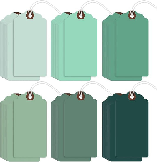 Outus 60 Pcs 4 3/4-in x 2 3/8-in Blank Large Paper Gift Tags with String and Reinforced Eyelet Wire Writable Price Tags Shipping Labels Inventory Labels(Gradient Green)