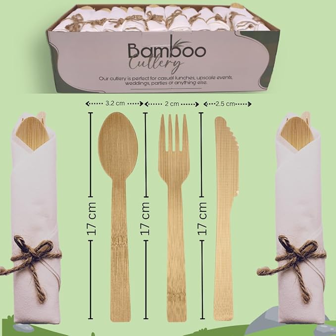 Premium Pre Rolled Bamboo Cutlery Set - 200 Pieces Natural Bamboo Cutlery - 50 Pack Compostable Utensils(50 Forks, 50 Knives, 50 Spoons, 50 Napkins), BIODEGRADABLE for Christmas, Gifting, Party