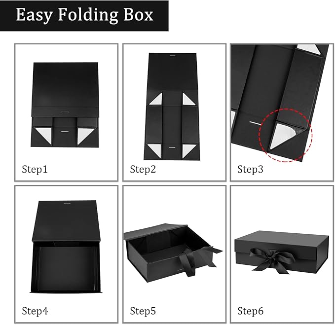 Gift Box with Lid for Presents 10.5x7.5x3.1 Inches with Ribbon and Magnetic Closure(1-Pack) (Black)