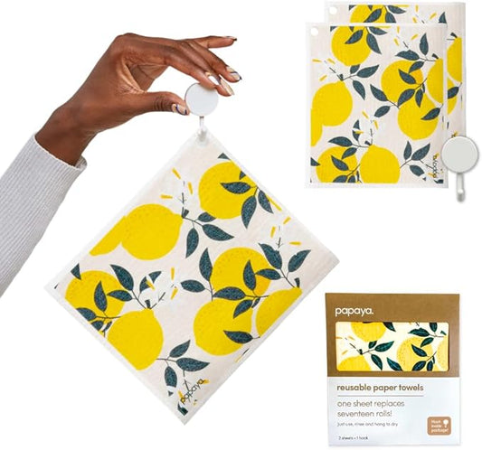 Papaya Reusable Paper Towels, Premium Swedish Dishcloths, Washable Reusable Dish Cloths, 1 Sheet Replaces 17 Rolls, Eco Friendly Stocking Stuffer - 2 Sheets, 1 Hook